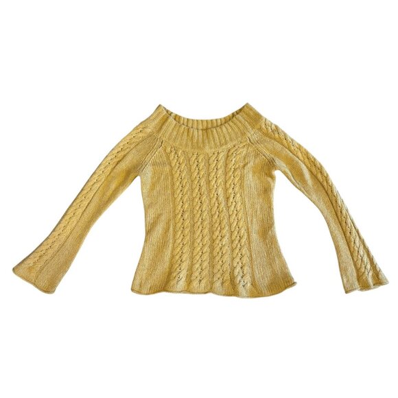 Vintage Cable Knit Sweater XL Off Shoulder Flutter Cuffs Gold Metallic Cozy - Picture 3 of 7